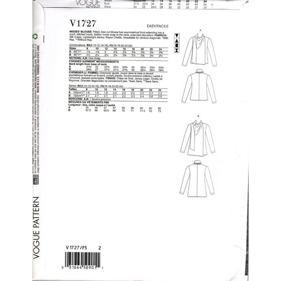 Vogue V1727 Misses 8 to 16 Asymmetrical Blouse Top Uncut Sewing Pattern - Picture 2 of 2